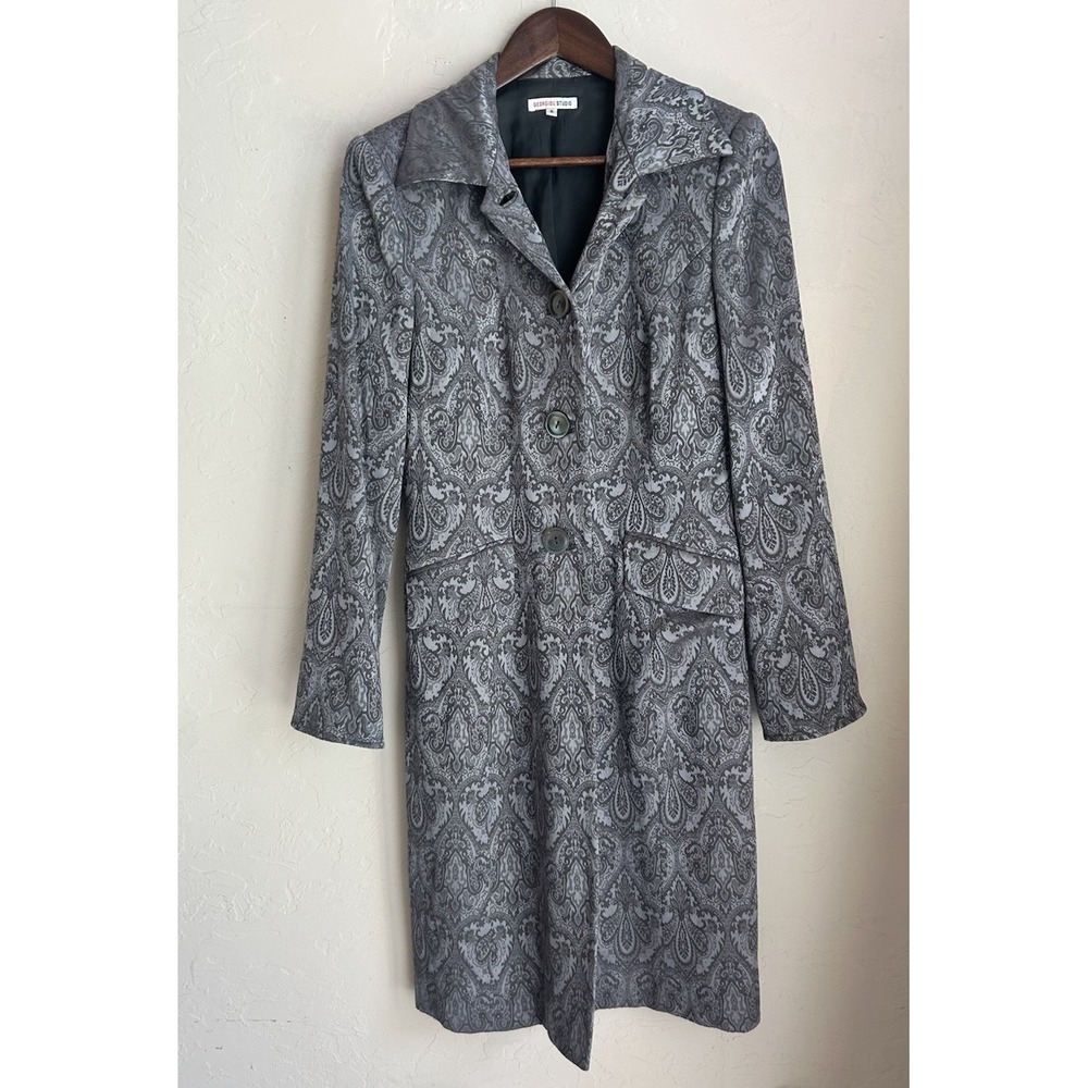 Vintage 90s Y2K Georgiou Jacquard Long Coat 6 Goth Dark Academia Regency Silver